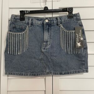 Denim Skirt with Rhinestone Fringe